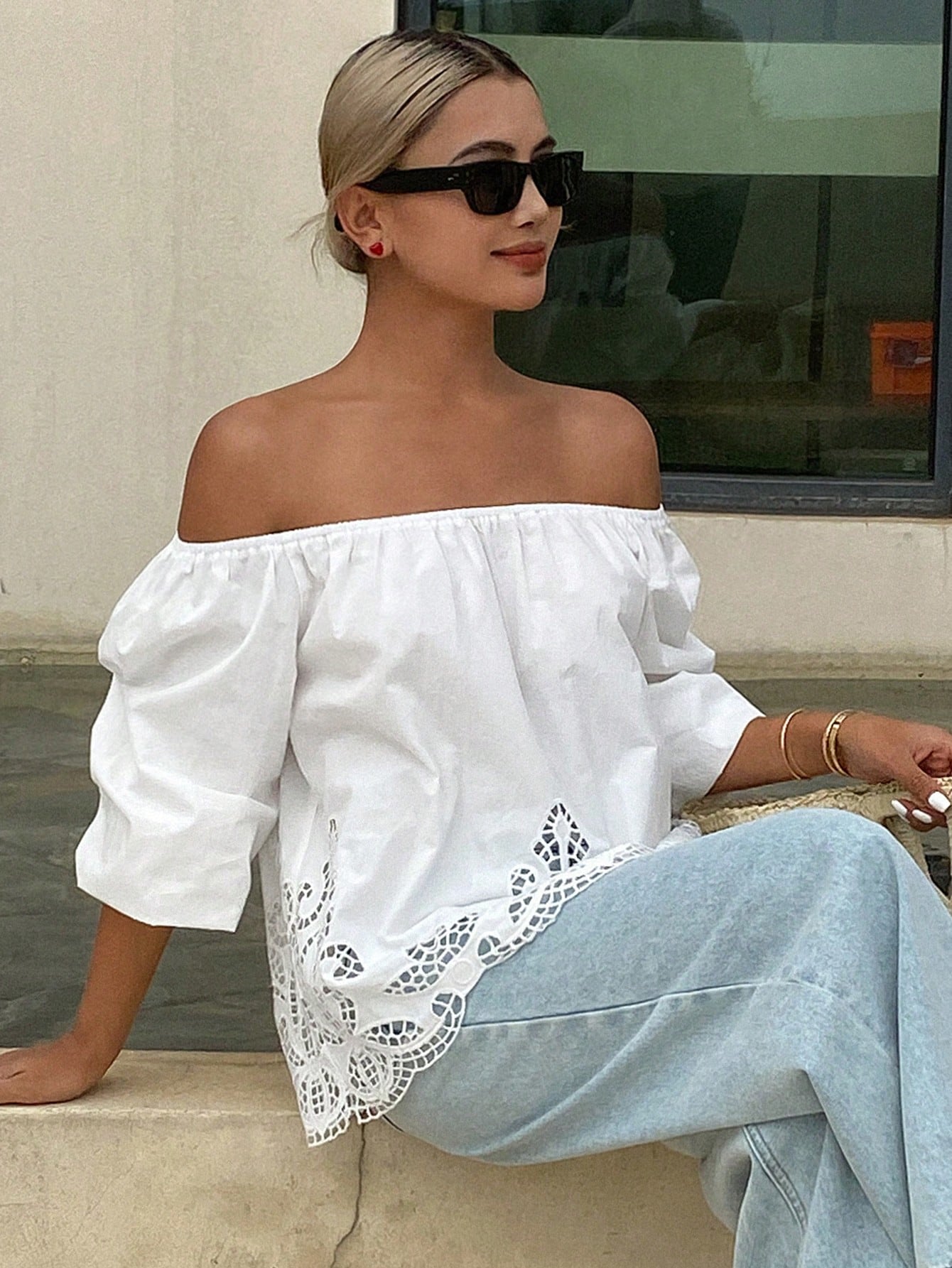 Livesso Women's Loose Solid Off Shoulder Long Sleeve Hollow Embroidered Casual Holiday Blouse Top, Summer Vacation Women Boho