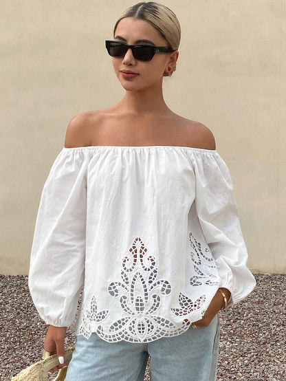 Livesso Women's Loose Solid Off Shoulder Long Sleeve Hollow Embroidered Casual Holiday Blouse Top, Summer Vacation Women Boho