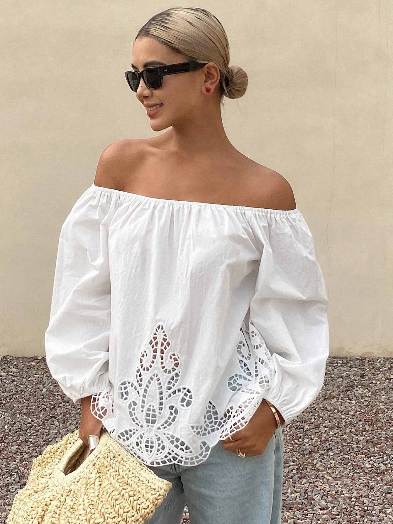 Livesso Women's Loose Solid Off Shoulder Long Sleeve Hollow Embroidered Casual Holiday Blouse Top, Summer Vacation Women Boho