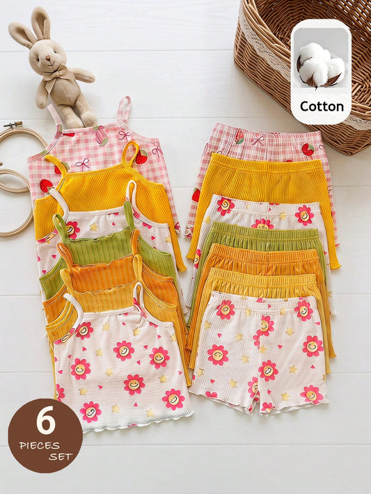 LMoss Kids 6pcs/Set Baby Girl Casual Minimalist Knit Cute Print Camisole Top And Shorts Set