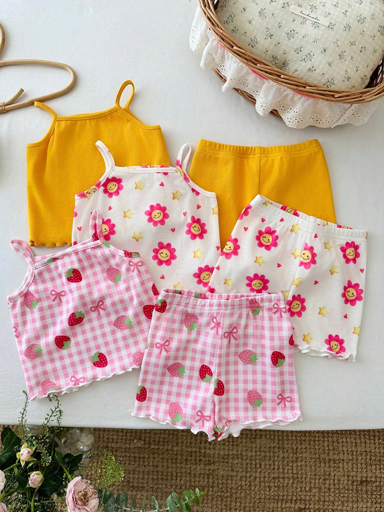 LMoss Kids 6pcs/Set Baby Girl Casual Minimalist Knit Cute Print Camisole Top And Shorts Set