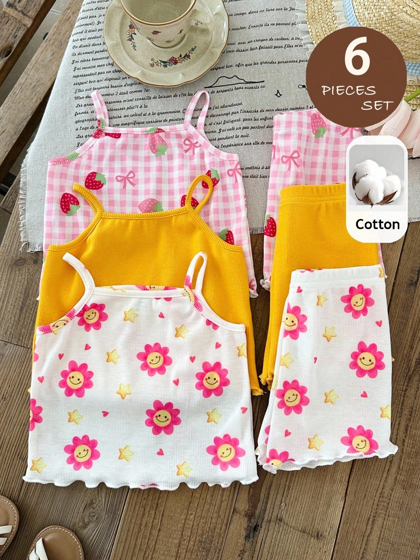 LMoss Kids 6pcs/Set Baby Girl Casual Minimalist Knit Cute Print Camisole Top And Shorts Set