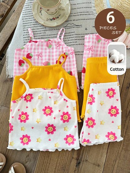 LMoss Kids 6pcs/Set Baby Girl Casual Minimalist Knit Cute Print Camisole Top And Shorts Set