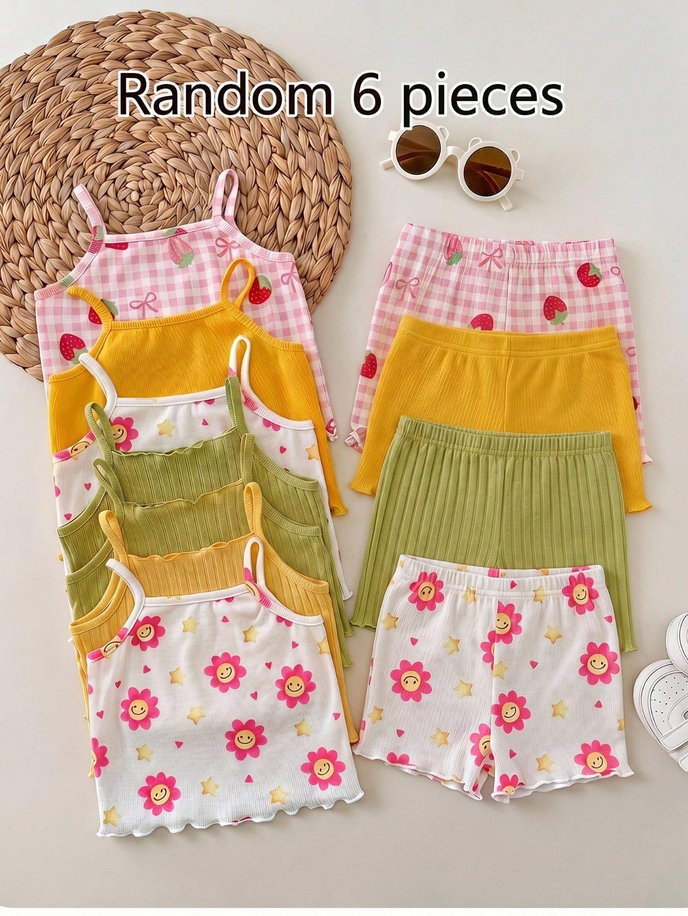 LMoss Kids 6pcs/Set Baby Girl Casual Minimalist Knit Cute Print Camisole Top And Shorts Set