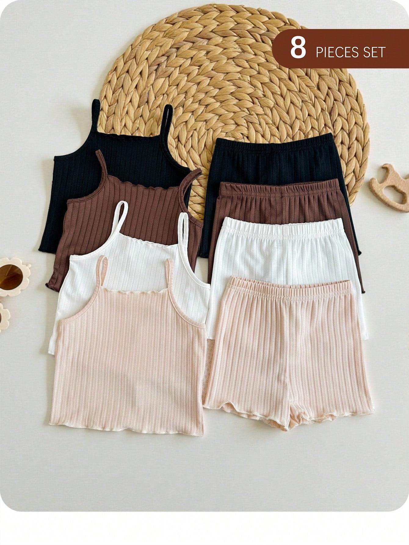 LMoss Kids 6pcs/Set Baby Girl Casual Minimalist Knit Cute Print Camisole Top And Shorts Set