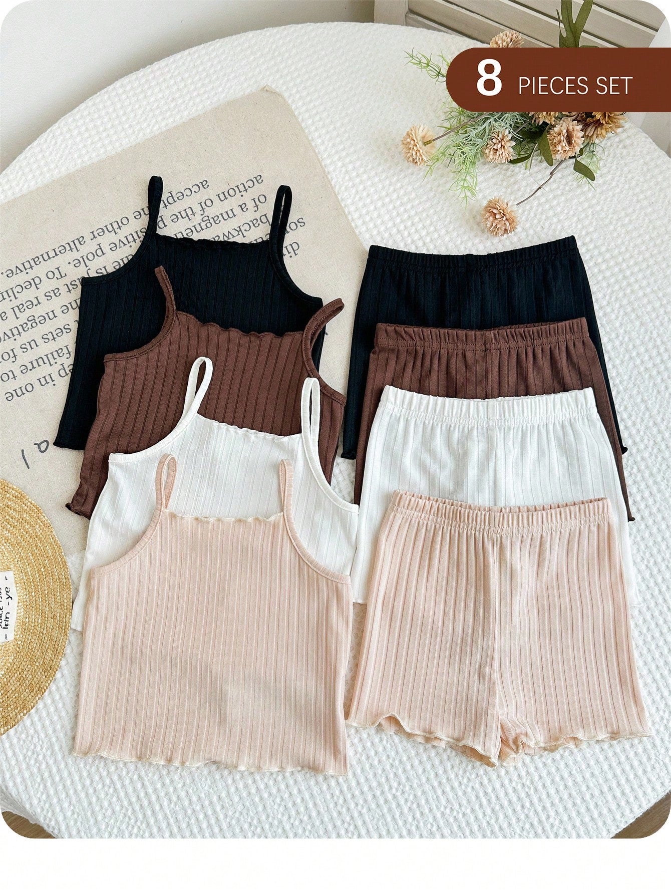 LMoss Kids 6pcs/Set Baby Girl Casual Minimalist Knit Cute Print Camisole Top And Shorts Set