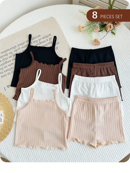 LMoss Kids 6pcs/Set Baby Girl Casual Minimalist Knit Cute Print Camisole Top And Shorts Set