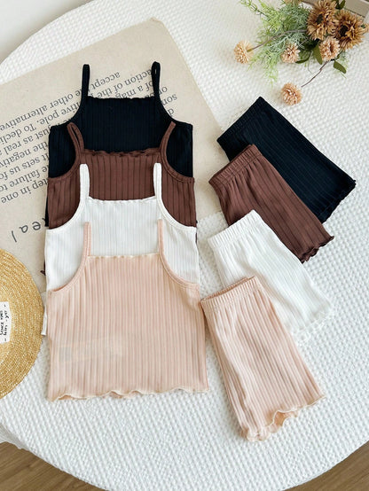 LMoss Kids 6pcs/Set Baby Girl Casual Minimalist Knit Cute Print Camisole Top And Shorts Set