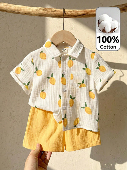 LMoss Kids Baby Boy Cute Lemon Print Shirt And Yellow Elastic Waist Shorts Set, Suitable For Spring/Summer, Vacation, Casual Fashion