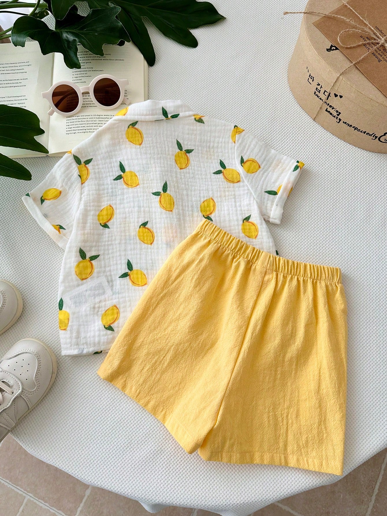LMoss Kids Baby Boy Cute Lemon Print Shirt And Yellow Elastic Waist Shorts Set, Suitable For Spring/Summer, Vacation, Casual Fashion
