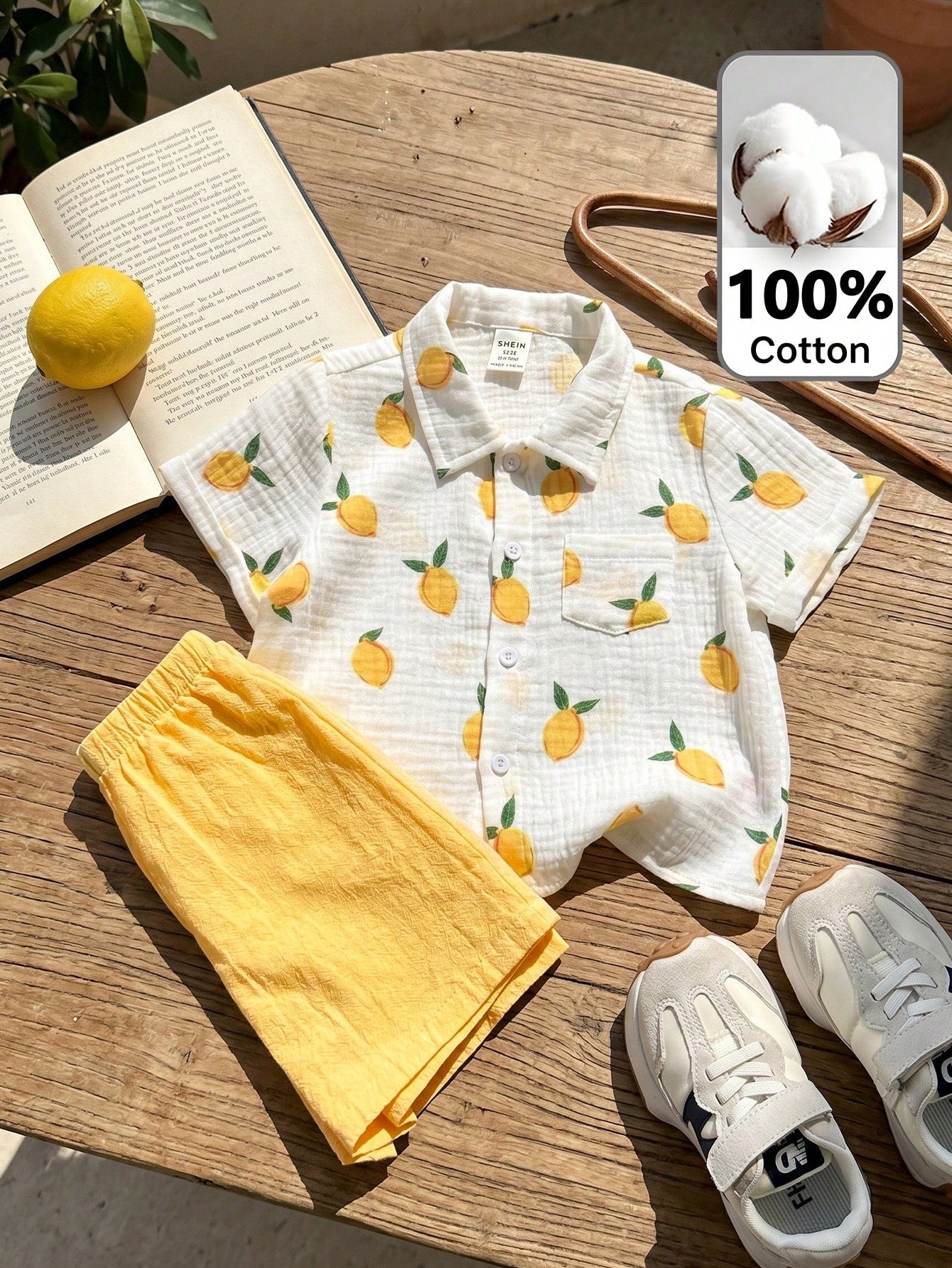 LMoss Kids Baby Boy Cute Lemon Print Shirt And Yellow Elastic Waist Shorts Set, Suitable For Spring/Summer, Vacation, Casual Fashion