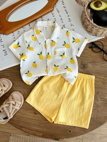 LMoss Kids Baby Boy Cute Lemon Print Shirt And Yellow Elastic Waist Shorts Set, Suitable For Spring/Summer, Vacation, Casual Fashion