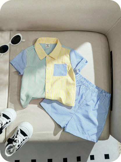 LMoss Kids Baby Boy Cute Lemon Print Shirt And Yellow Elastic Waist Shorts Set, Suitable For Spring/Summer, Vacation, Casual Fashion