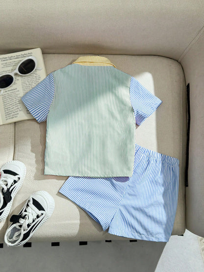 LMoss Kids Baby Boy Cute Lemon Print Shirt And Yellow Elastic Waist Shorts Set, Suitable For Spring/Summer, Vacation, Casual Fashion