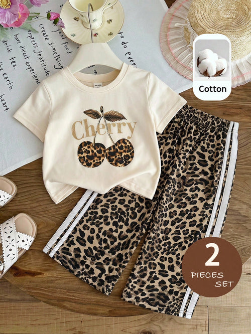 LMoss Kids Baby Girl Knit Solid Color Leopard Print Cherry Pattern Crew Neck T-Shirt And Woven Loose Leopard Print Long Pants 2-Piece Set