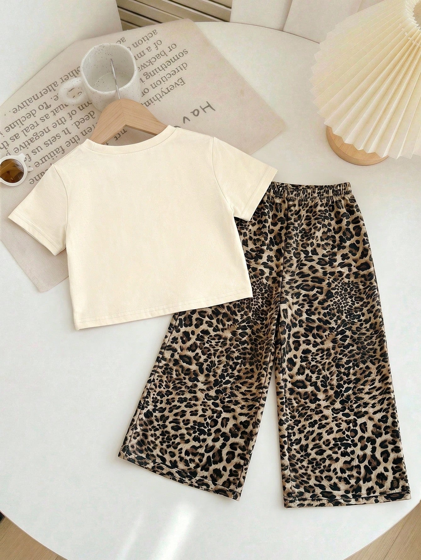 LMoss Kids Baby Girl Knit Solid Color Leopard Print Cherry Pattern Crew Neck T-Shirt And Woven Loose Leopard Print Long Pants 2-Piece Set