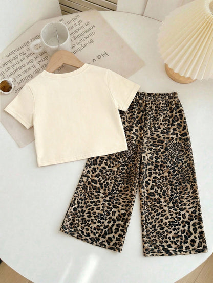 LMoss Kids Baby Girl Knit Solid Color Leopard Print Cherry Pattern Crew Neck T-Shirt And Woven Loose Leopard Print Long Pants 2-Piece Set