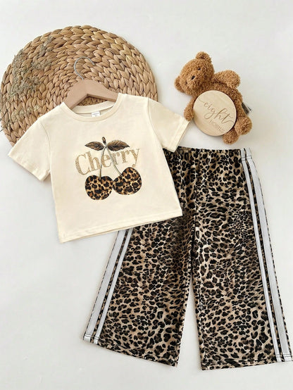 LMoss Kids Baby Girl Knit Solid Color Leopard Print Cherry Pattern Crew Neck T-Shirt And Woven Loose Leopard Print Long Pants 2-Piece Set