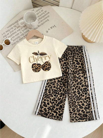 LMoss Kids Baby Girl Knit Solid Color Leopard Print Cherry Pattern Crew Neck T-Shirt And Woven Loose Leopard Print Long Pants 2-Piece Set