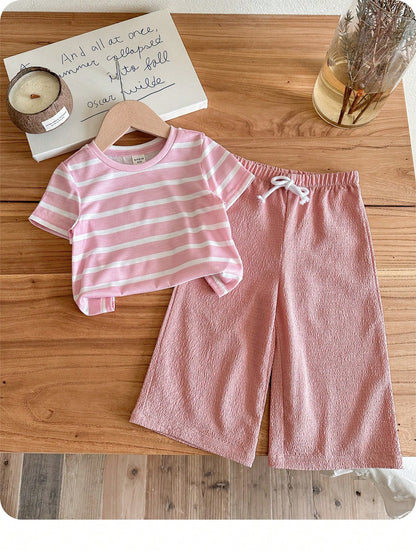 LMoss Kids Baby Girl Knit Solid Color Leopard Print Cherry Pattern Crew Neck T-Shirt And Woven Loose Leopard Print Long Pants 2-Piece Set