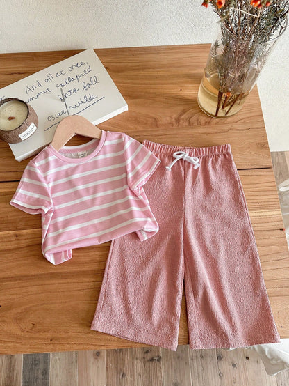 LMoss Kids Baby Girl Knit Solid Color Leopard Print Cherry Pattern Crew Neck T-Shirt And Woven Loose Leopard Print Long Pants 2-Piece Set