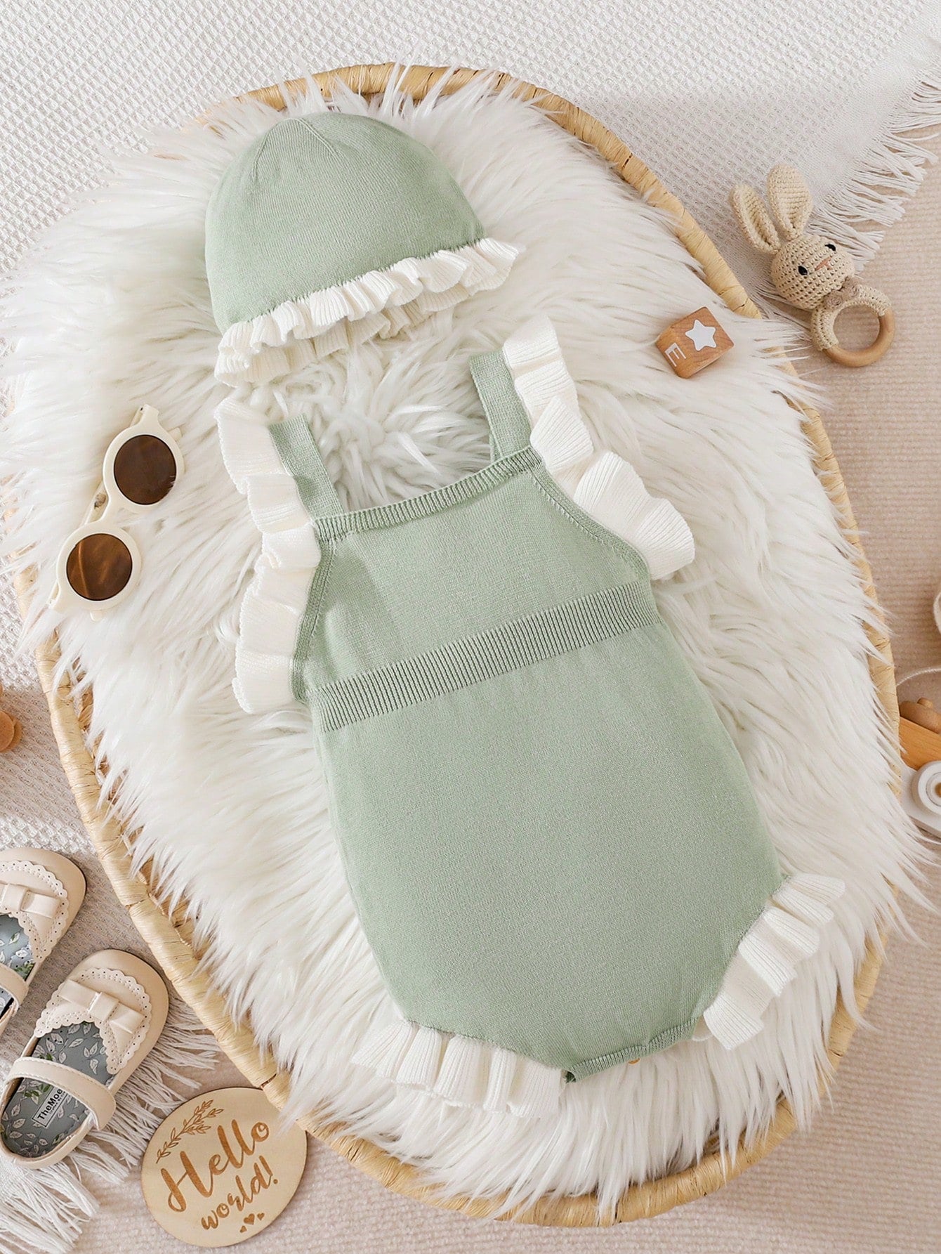 LMoss Kids Baby Girl Newborn Ditsy Floral Knit Autumn Romper, Colorblock, Lace Trim, Suitable For Full, Birthday And Other Occasions, Romper + Hat 2pcs Set