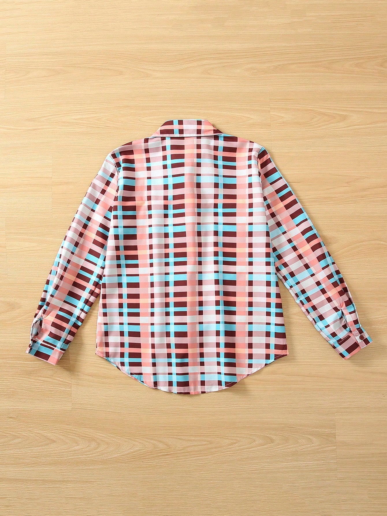 Long Sleeve Plaid Print Turndown Collar Front Button Pocket Shirt Casual Pink Spring
