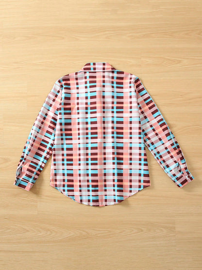 Long Sleeve Plaid Print Turndown Collar Front Button Pocket Shirt Casual Pink Spring