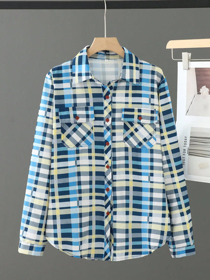 Long Sleeve Plaid Print Turndown Collar Front Button Pocket Shirt Casual Pink Spring