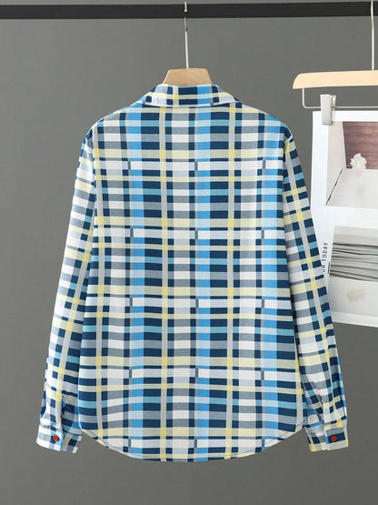 Long Sleeve Plaid Print Turndown Collar Front Button Pocket Shirt Casual Pink Spring
