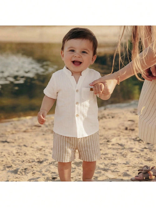Loomiva 2pcs Baby Boy Off-White Linen Set,Summer Casual Vacation Holiday Beach Outfit,Short Sleeve Button Down Cardigan Shirt And Elastic Waist Shorts Set