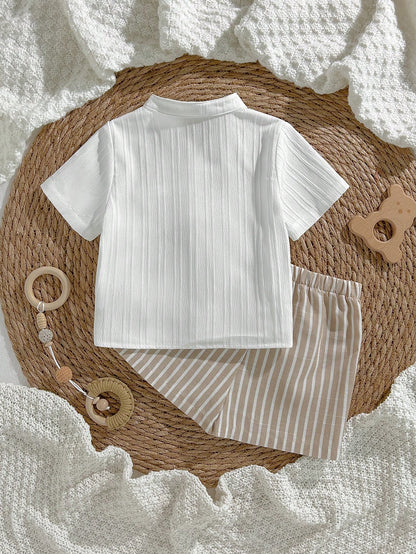 Loomiva 2pcs Baby Boy Off-White Linen Set,Summer Casual Vacation Holiday Beach Outfit,Short Sleeve Button Down Cardigan Shirt And Elastic Waist Shorts Set