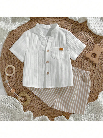 Loomiva 2pcs Baby Boy Off-White Linen Set,Summer Casual Vacation Holiday Beach Outfit,Short Sleeve Button Down Cardigan Shirt And Elastic Waist Shorts Set