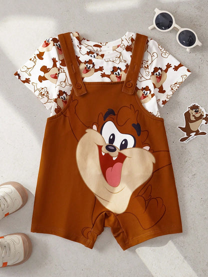 LOONEY TUNES X Baby Boy Summer Casual Cute Cartoon Pattern Round Neck Short Sleeve T-Shirt And Jumpsuit Set