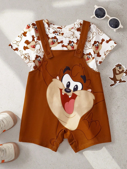 LOONEY TUNES X Baby Boy Summer Casual Cute Cartoon Pattern Round Neck Short Sleeve T-Shirt And Jumpsuit Set