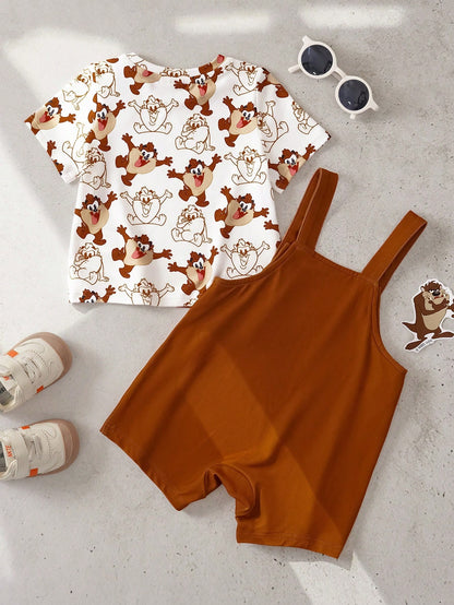 LOONEY TUNES X Baby Boy Summer Casual Cute Cartoon Pattern Round Neck Short Sleeve T-Shirt And Jumpsuit Set