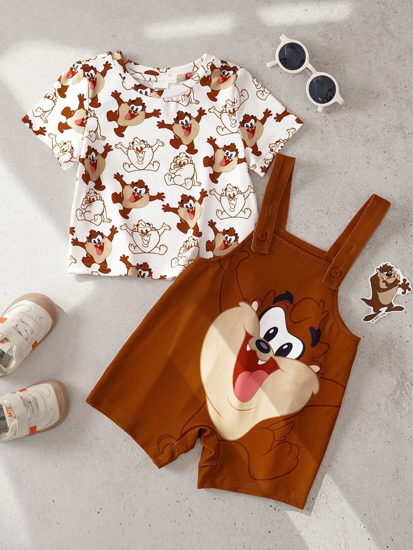 LOONEY TUNES X Baby Boy Summer Casual Cute Cartoon Pattern Round Neck Short Sleeve T-Shirt And Jumpsuit Set