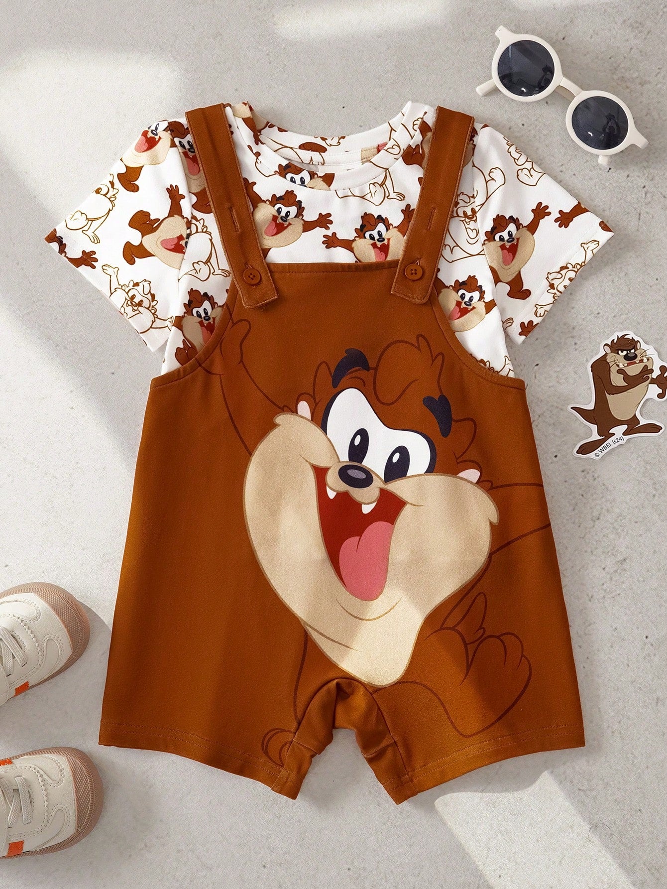 LOONEY TUNES X Baby Boy Summer Casual Cute Cartoon Pattern Round Neck Short Sleeve T-Shirt And Jumpsuit Set