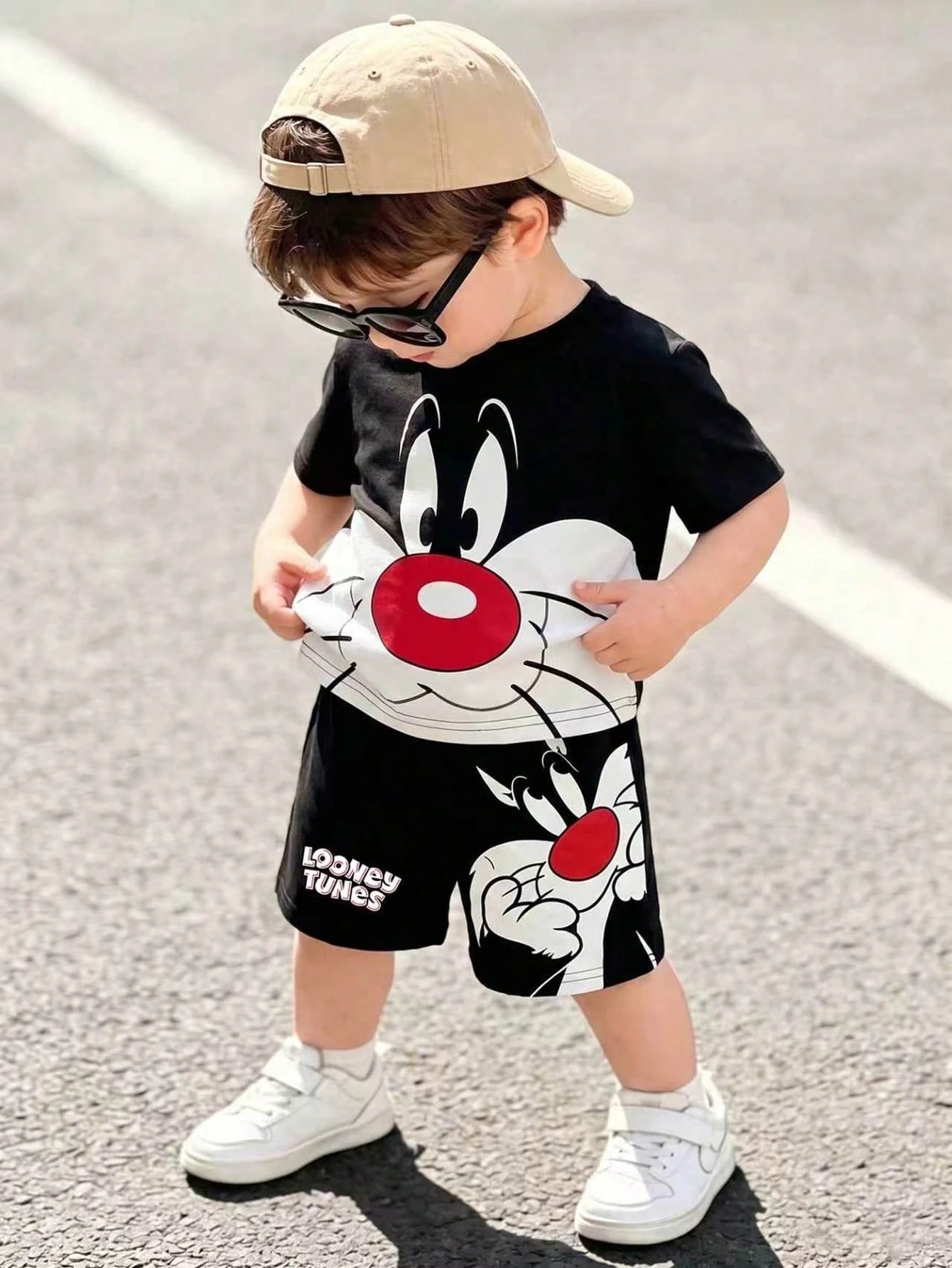 LOONEY TUNES X GraphicGems Baby Boy Round Neck Cartoon Print Short Sleeve T-Shirt And Shorts Casual Daily Outfit