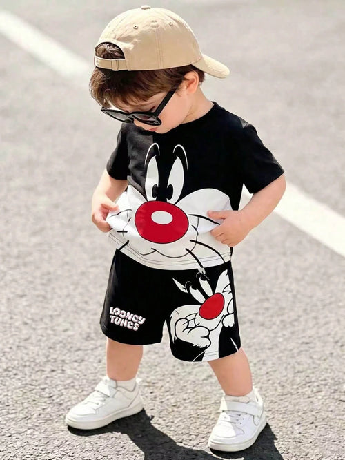 LOONEY TUNES X GraphicGems Baby Boy Round Neck Cartoon Print Short Sleeve T-Shirt And Shorts Casual Daily Outfit