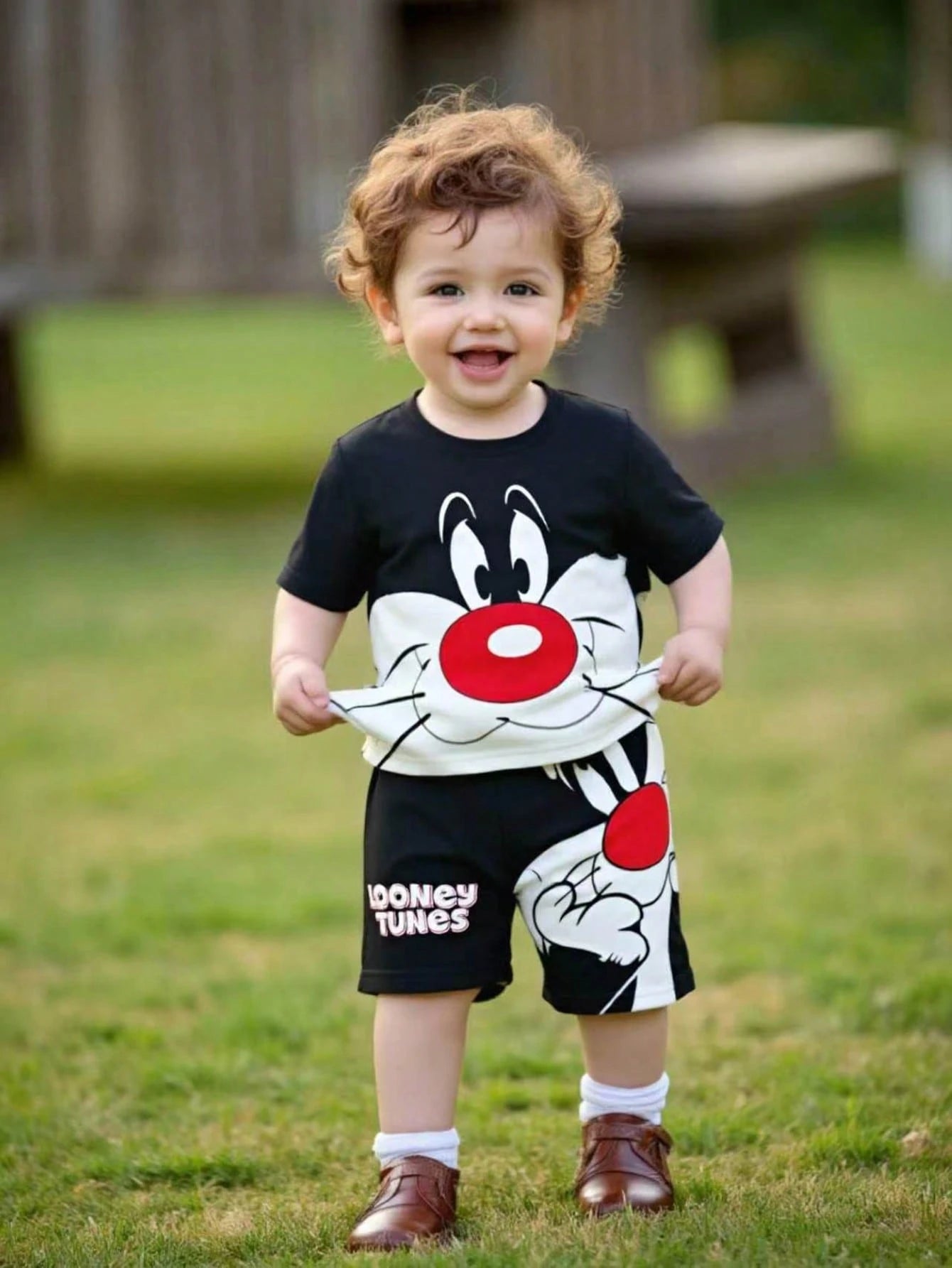 LOONEY TUNES X GraphicGems Baby Boy Round Neck Cartoon Print Short Sleeve T-Shirt And Shorts Casual Daily Outfit
