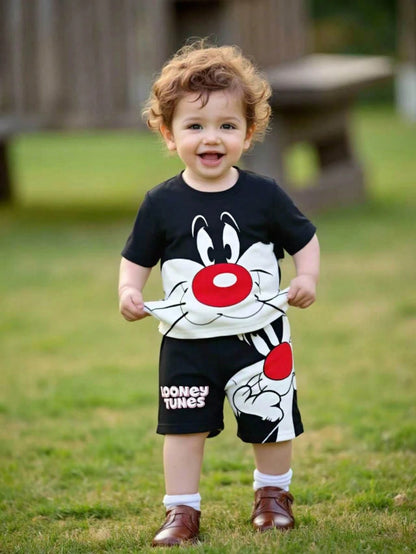 LOONEY TUNES X GraphicGems Baby Boy Round Neck Cartoon Print Short Sleeve T-Shirt And Shorts Casual Daily Outfit