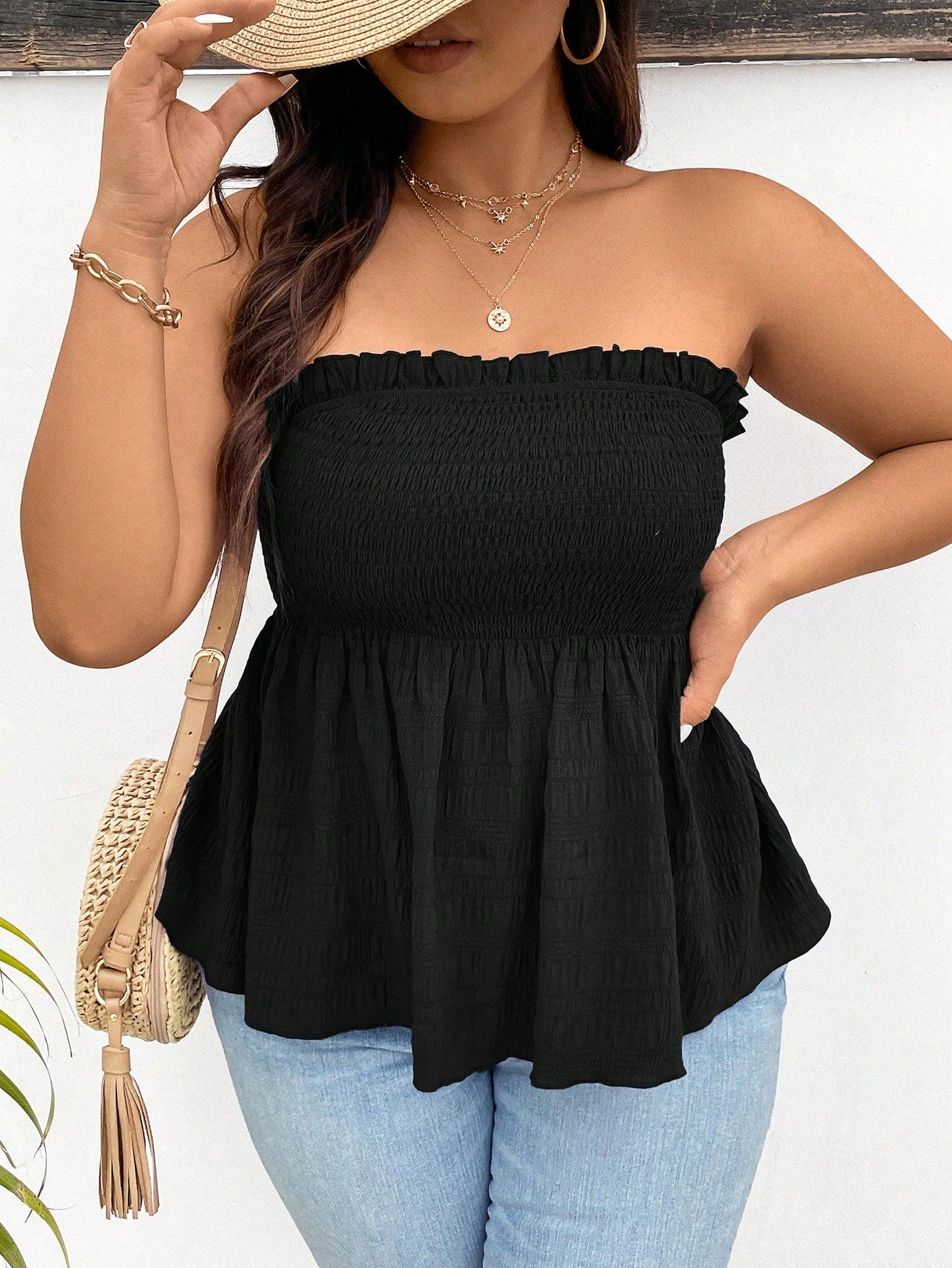 Lounesse Plus Size Women Solid Color Tube Top Casual Vacation Top