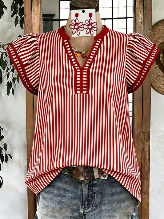 Louniche Women's Casual Striped V-Neck Top, Brown And White Striped, Short Puff Sleeves With Contrast Trim, Loose Fit Everyday Top For Women, Women's Summer Top, Women's Office Top
