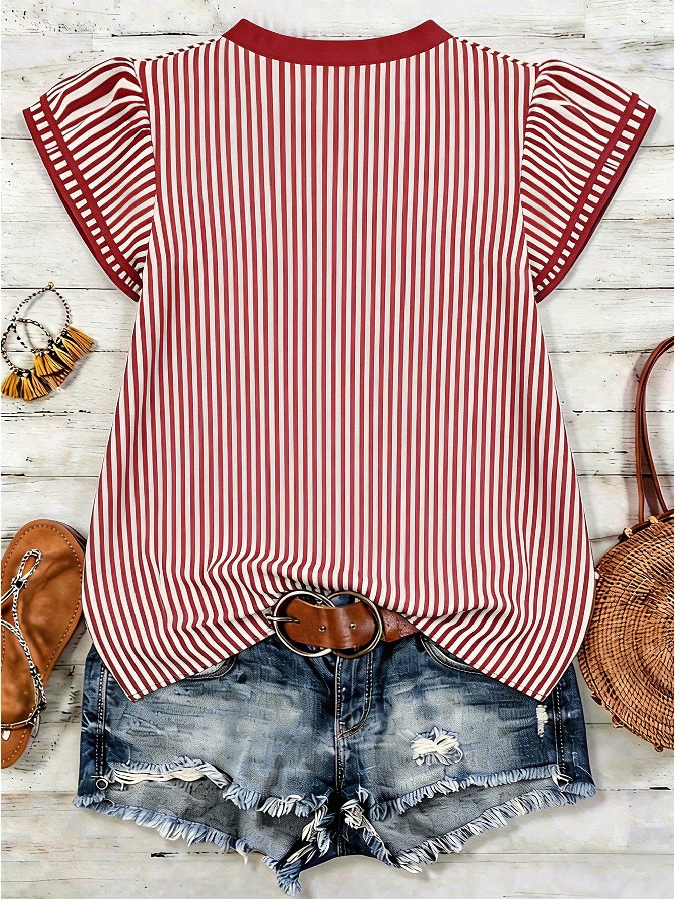Louniche Women's Casual Striped V-Neck Top, Brown And White Striped, Short Puff Sleeves With Contrast Trim, Loose Fit Everyday Top For Women, Women's Summer Top, Women's Office Top