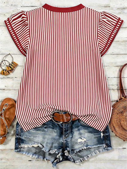 Louniche Women's Casual Striped V-Neck Top, Brown And White Striped, Short Puff Sleeves With Contrast Trim, Loose Fit Everyday Top For Women, Women's Summer Top, Women's Office Top