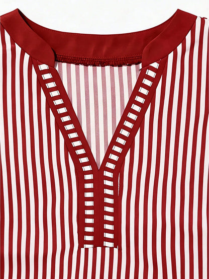 Louniche Women's Casual Striped V-Neck Top, Brown And White Striped, Short Puff Sleeves With Contrast Trim, Loose Fit Everyday Top For Women, Women's Summer Top, Women's Office Top