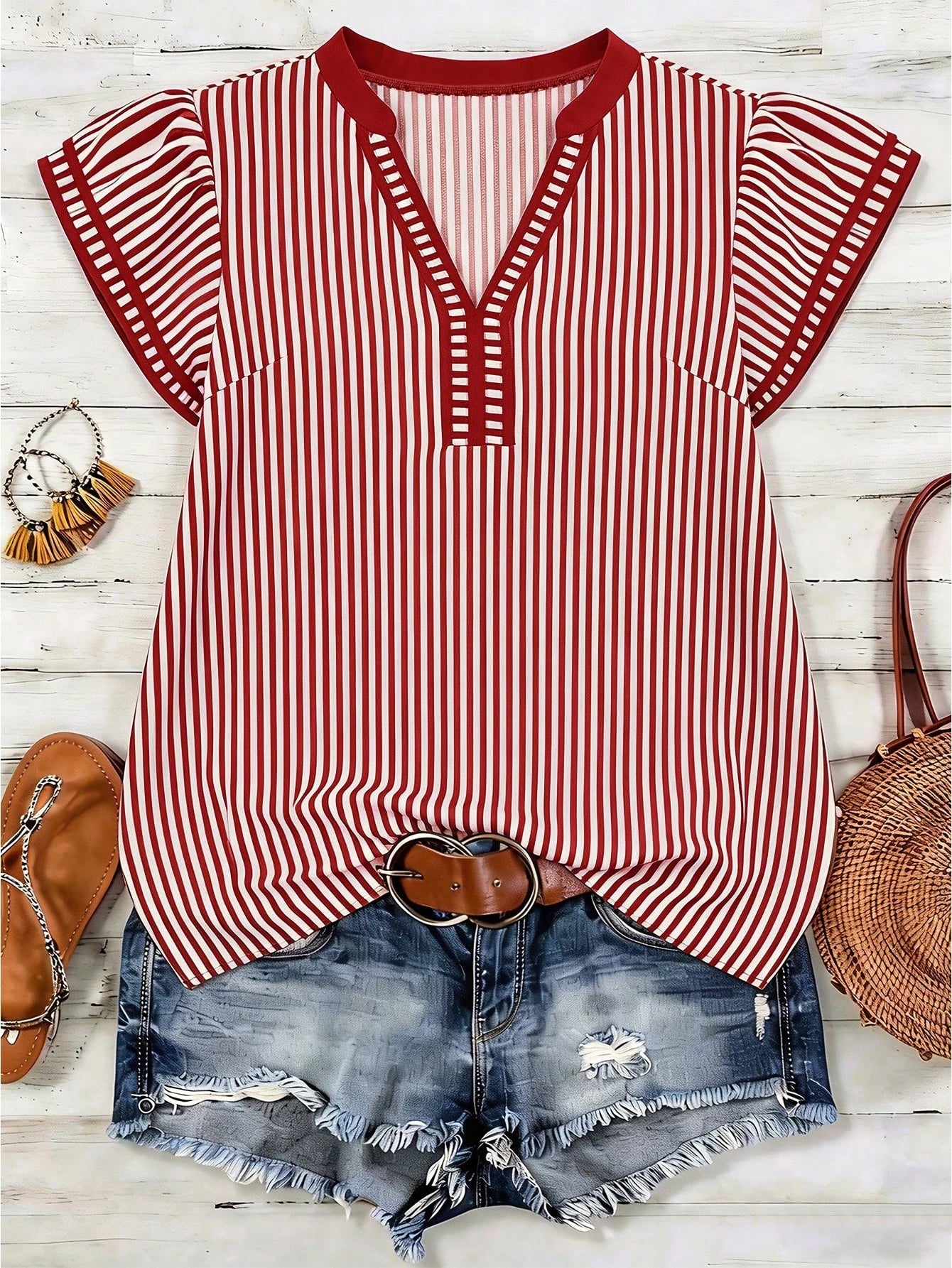 Louniche Women's Casual Striped V-Neck Top, Brown And White Striped, Short Puff Sleeves With Contrast Trim, Loose Fit Everyday Top For Women, Women's Summer Top, Women's Office Top