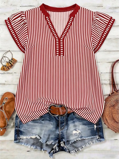 Louniche Women's Casual Striped V-Neck Top, Brown And White Striped, Short Puff Sleeves With Contrast Trim, Loose Fit Everyday Top For Women, Women's Summer Top, Women's Office Top
