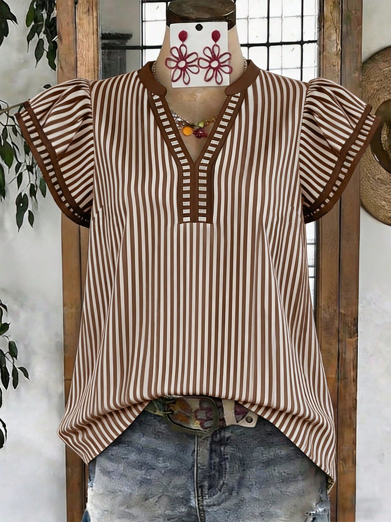 Louniche Women's Casual Striped V-Neck Top, Brown And White Striped, Short Puff Sleeves With Contrast Trim, Loose Fit Everyday Top For Women, Women's Summer Top, Women's Office Top